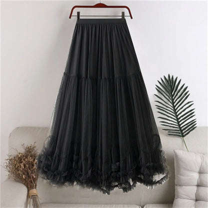 Skirts For Women Ladies A Line Layered Tulle Elastic Waist Midi Length High Waist Solid Mesh Skirt