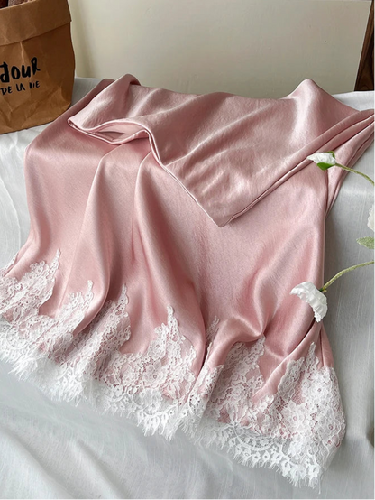 Satin Skirt With Lace Trim Patchwork Pack Hip Long A-line Skirt