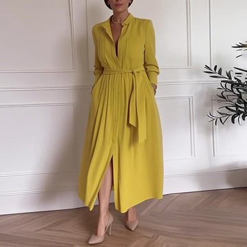 Women's Yellow Maxi Dress V-neck Tied Waist Long Sleeve Button Down Loose Casual Dress