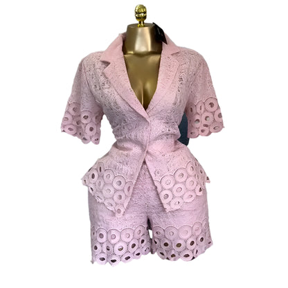 Lace Embroidery Women's Set half Sleeve Shirt and Shorts Two 2 Piece Sets Outfit