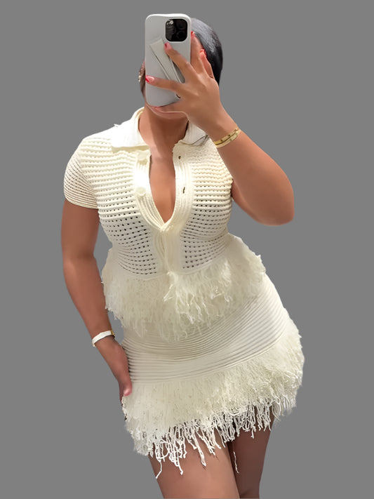 Knit Tassel Skirt Sets Women Hollow Out Lapel Single Breasted Short Sleeve Tops Mini Skirts