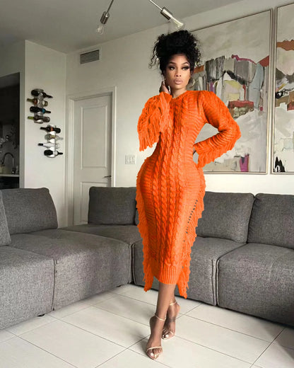 Women Long Sleeve Tassel Bodycon Midi Knit Dress O-neck Sweater Dress