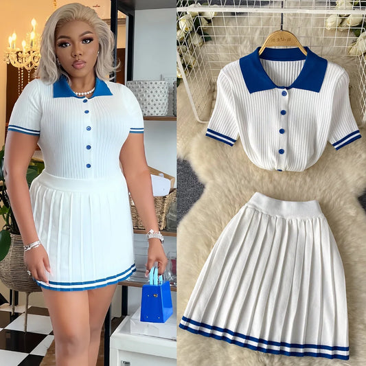 Mini Skirt Set Women Two Piece Sets Polo Collar Knit Shirt Tops Skirt Sets Casual Y2k