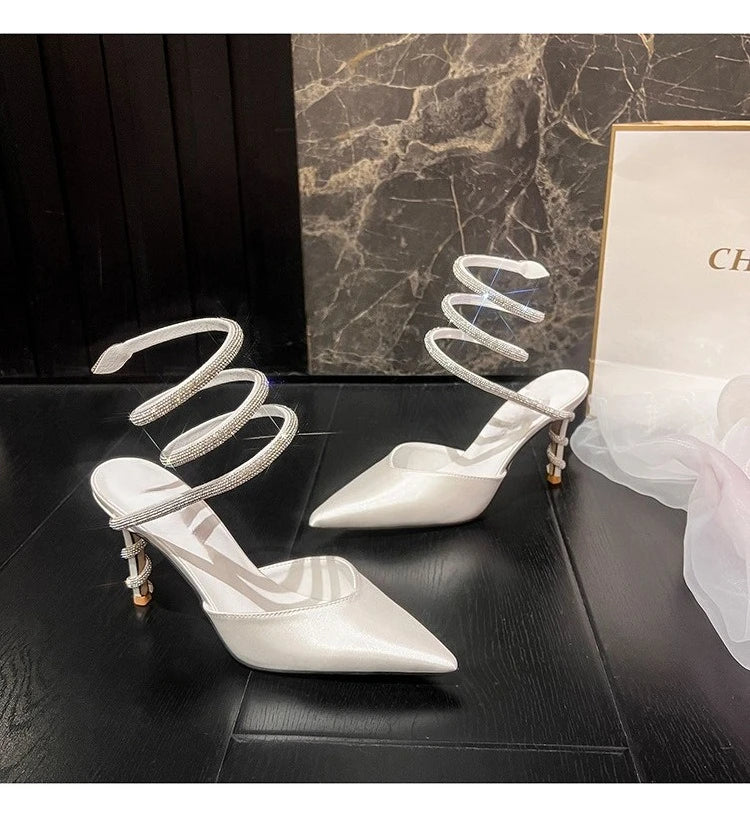 Women's Sexy Snake-Strap Rhinestone Suede Pointed High-heeled Wedding Shoes
