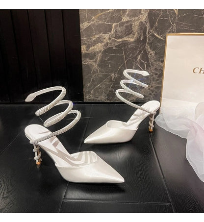 Women's Sexy Snake-Strap Rhinestone Suede Pointed High-heeled Wedding Shoes