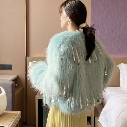 Faux Fur Grass Sequined Tassels Coat Women's Short Beaded Fringed Bomber Jacket