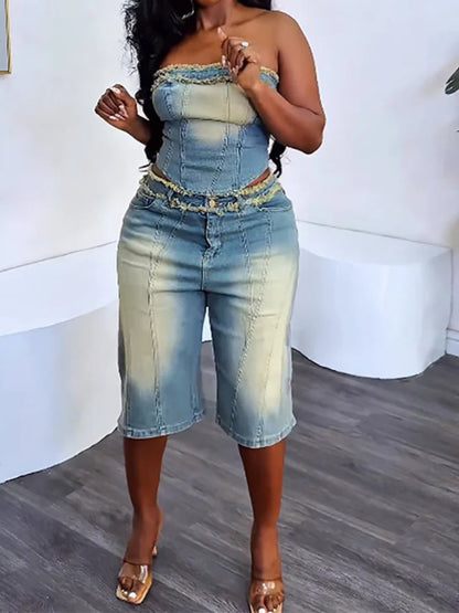 Cowboy 2 Piece Set Women Vintage Hipster Wrap Zip Backless Tube Tops+Button Straight Shorts Sexy Summer Matching Set