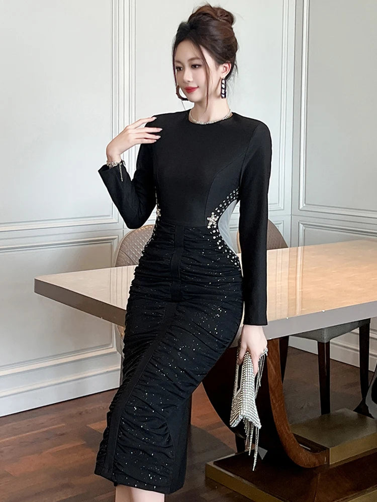 French Elegant Formal Shiny Rhinestone Folds Bodycon Midi Dress