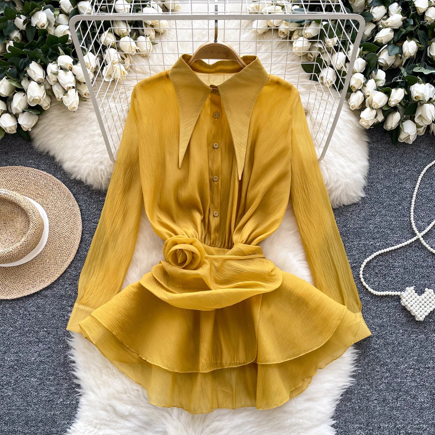 3D Floral Vintage Shirt Women Lapel Neck Long Sleeves Sheer Bohemian Organza Blouse