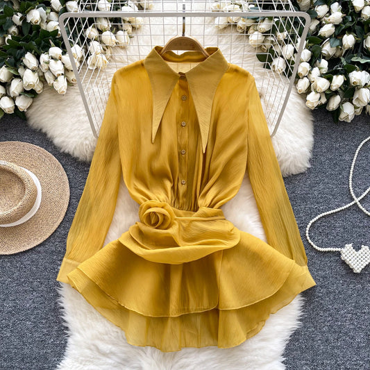 3D Floral Vintage Shirt Women Lapel Neck Long Sleeves Sheer Bohemian Organza Blouse