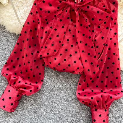 Vintage Polka Dot Tops Puff Sleeve Bow Lace Up Design Blouse