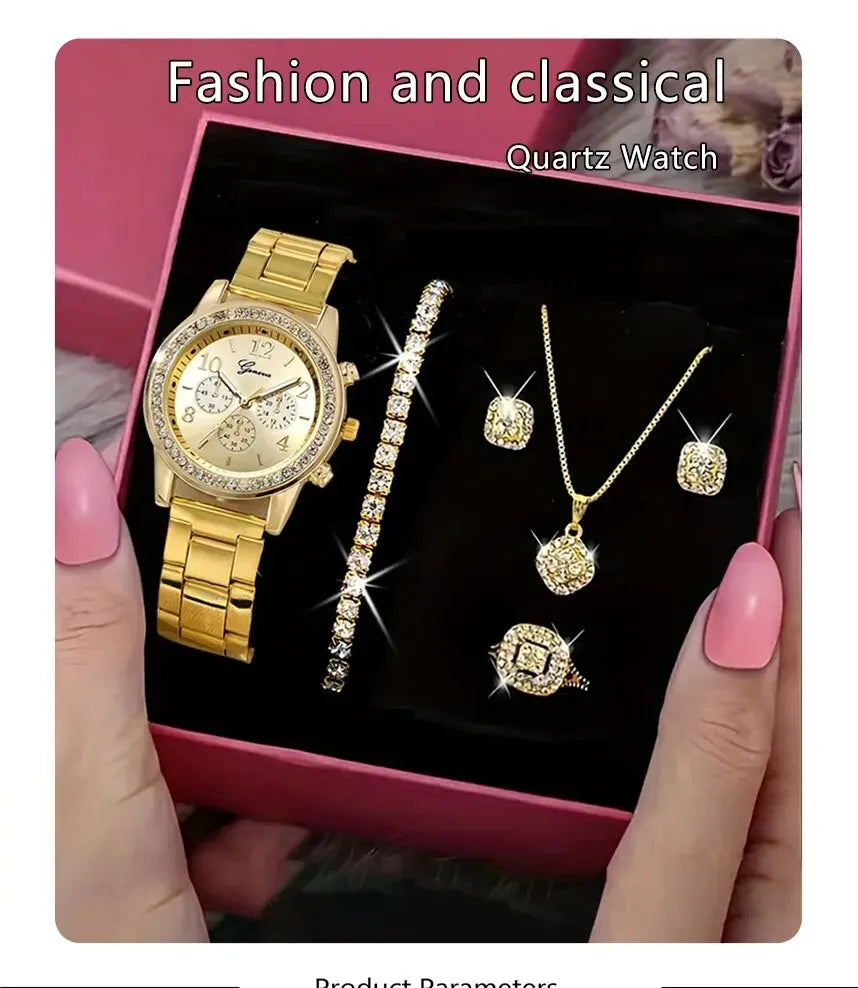 5 PCS Set Gold Watch Women Luxury Ring Necklace Earrings Rhinestone Fashion Wristwatch