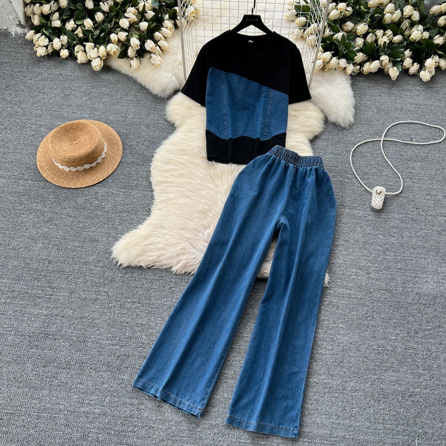 Women Denim pant sets Design Matching Color Short-sleeved T-shirt Tops + High-waisted Casual Pants