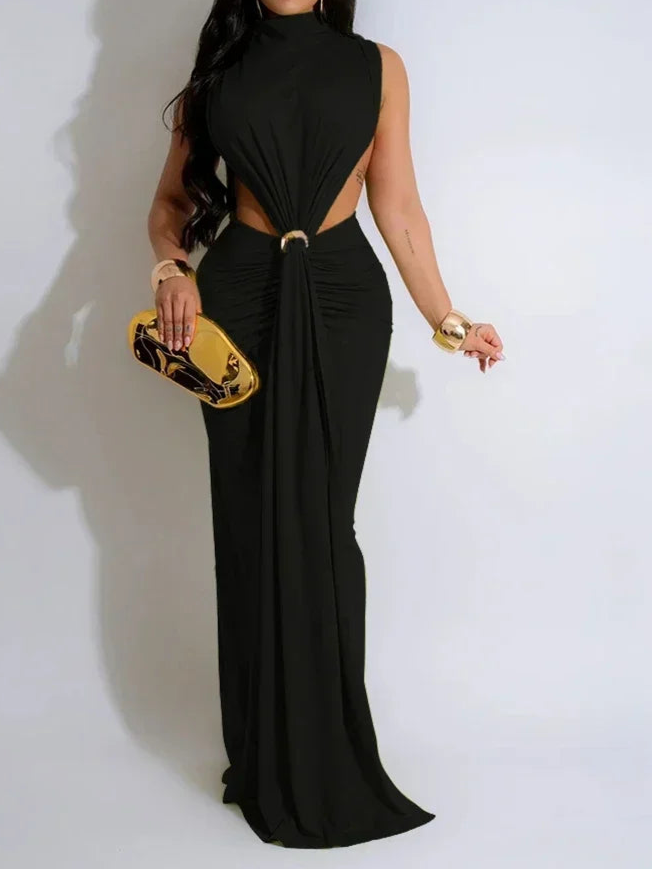 Women O-neck High Split Stacked Bodycon Maxi Dress Evening Party Club Dress