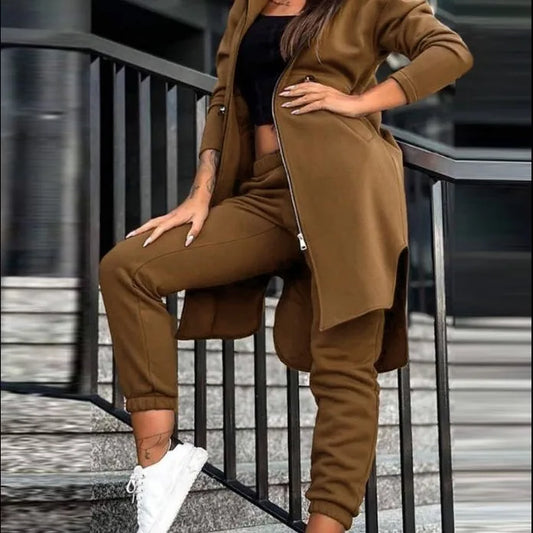 Women Pant Set Hooded Zipper Long Coats Two Piece Suits Casual Straight Pants