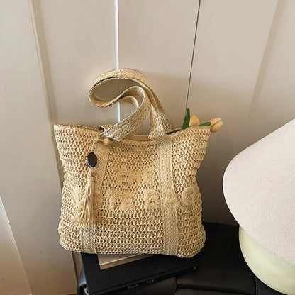 Women's Large Capacity Shoulder Bag Straw Woven Bag Letter Embroidery Handbag
