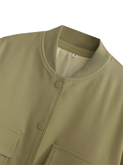 Solid Bomber Jackets Coat With Pockets V-Neck Single Breasted Long Sleeves Jacket