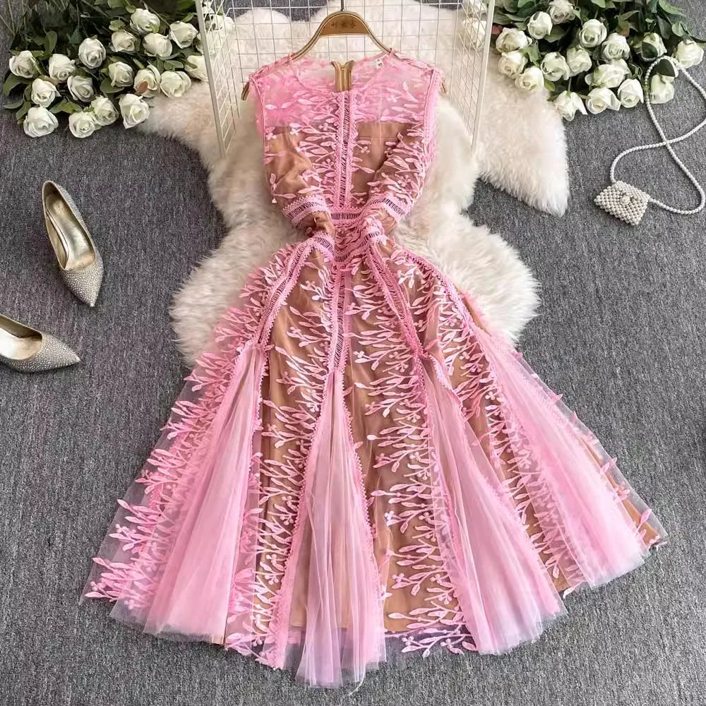 Solid Mesh Embroidery Dress Women's Sleeveless Round Neck Hollow Out Tulles Vestido