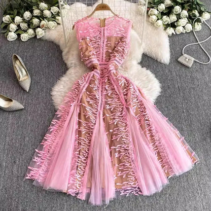 Solid Mesh Embroidery Dress Women's Sleeveless Round Neck Hollow Out Tulles Vestido
