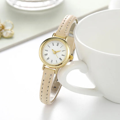 Luxury Design Leather Ladies Watch Quartz Wristwatch Small Round Dial Clock