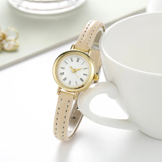 Luxury Design Leather Ladies Watch Quartz Wristwatch Small Round Dial Clock