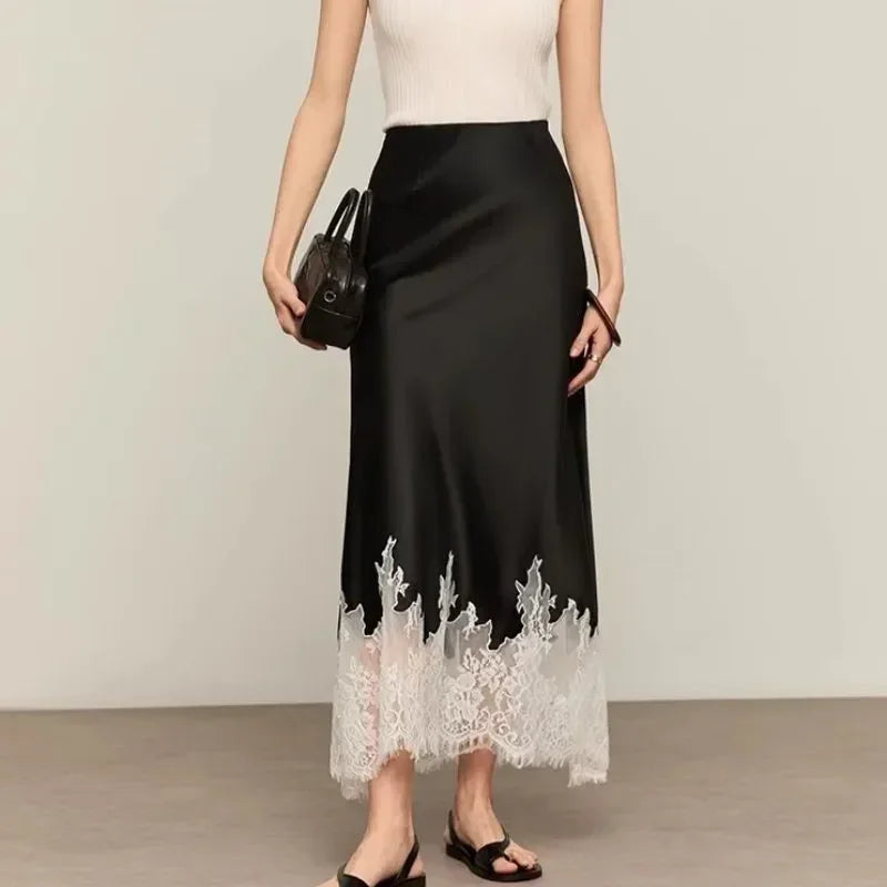 Fairy Lace-Trim Satin Midi Skirt High Waist Elegant Wrapped Hip Long Skirts