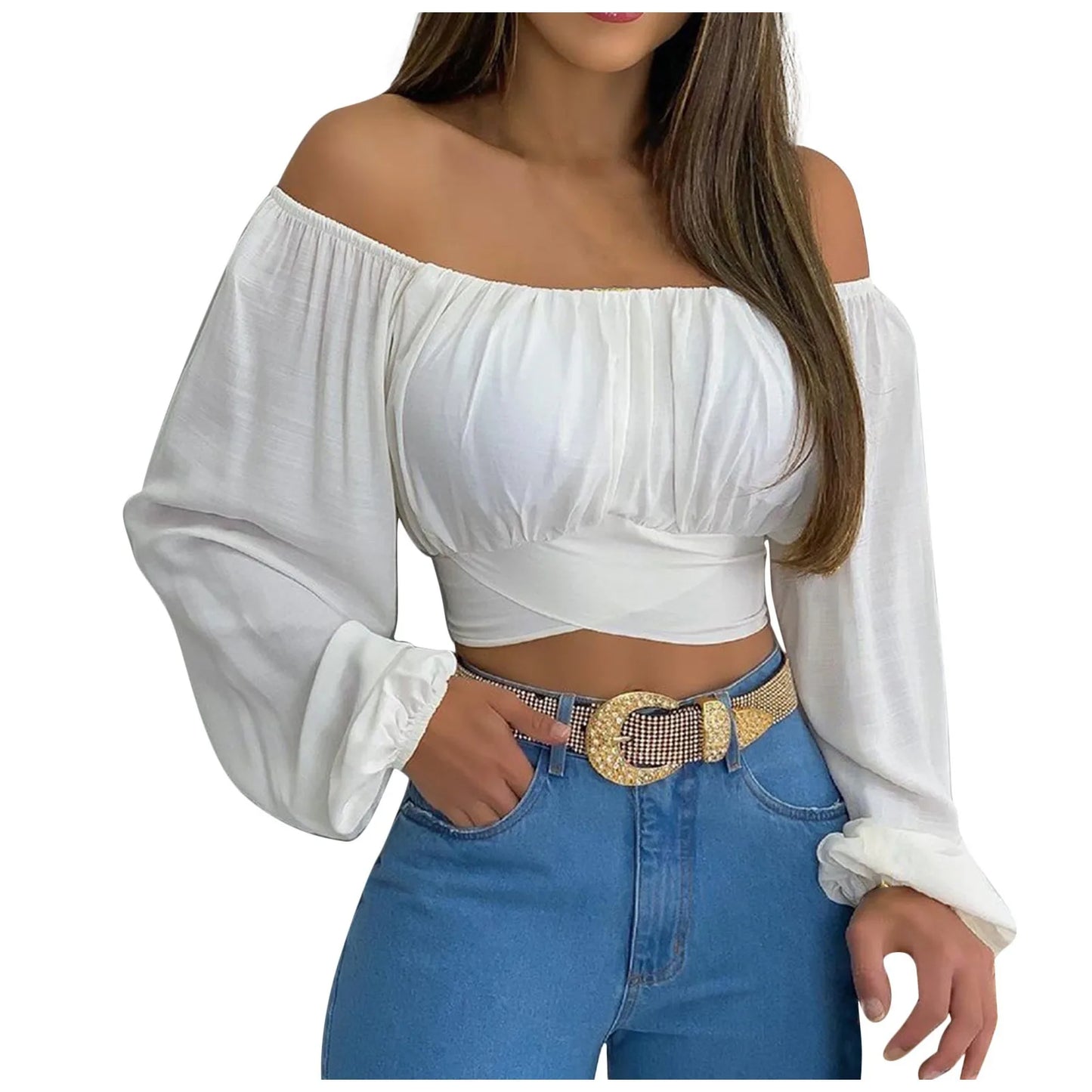 Women Sexy Off Shoulder Print Blouses Chic and Elegant Lantern Long Sleeve Cropped Top