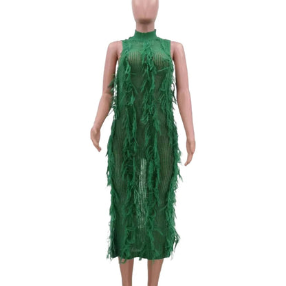 Fur Hollow Out Perspective Midi Dress Women Round Neck Sleeveless Slim Dress