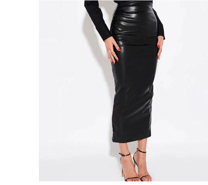 Elegant PU Leather Pencil Midi Skirts Women Slim High Waist Black Skirts