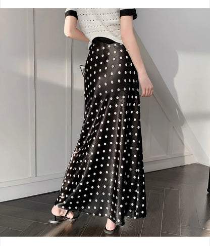 Polka Dot Satin Skirt Women's High Waist Versatile Elegant Dot Long Skirt