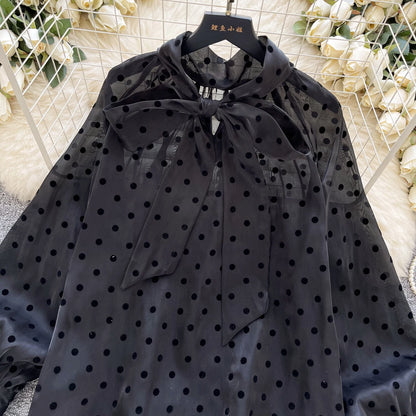 Vintage Polka Dot Tops Puff Sleeve Bow Lace Up Design Blouse