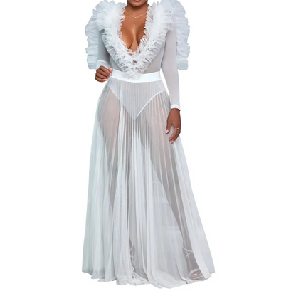 Women Selvedge Ruffles Full Sleeve V-neck Long Maxi Dress Birthday Mesh See Through Party Evening Dress