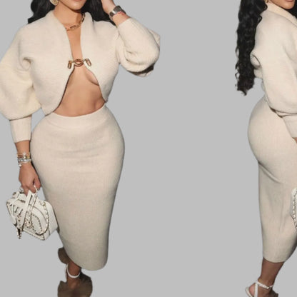 High Quality Elegant Knit Women 2 Piece Set Outfit Hollow Out Lantern Sleeve Crop Cardigan + Long Skirt Suit Streetwear
