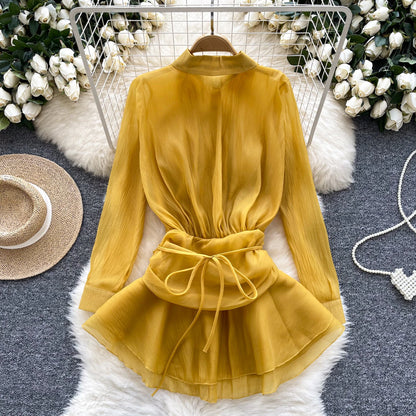 3D Floral Vintage Shirt Women Lapel Neck Long Sleeves Sheer Bohemian Organza Blouse
