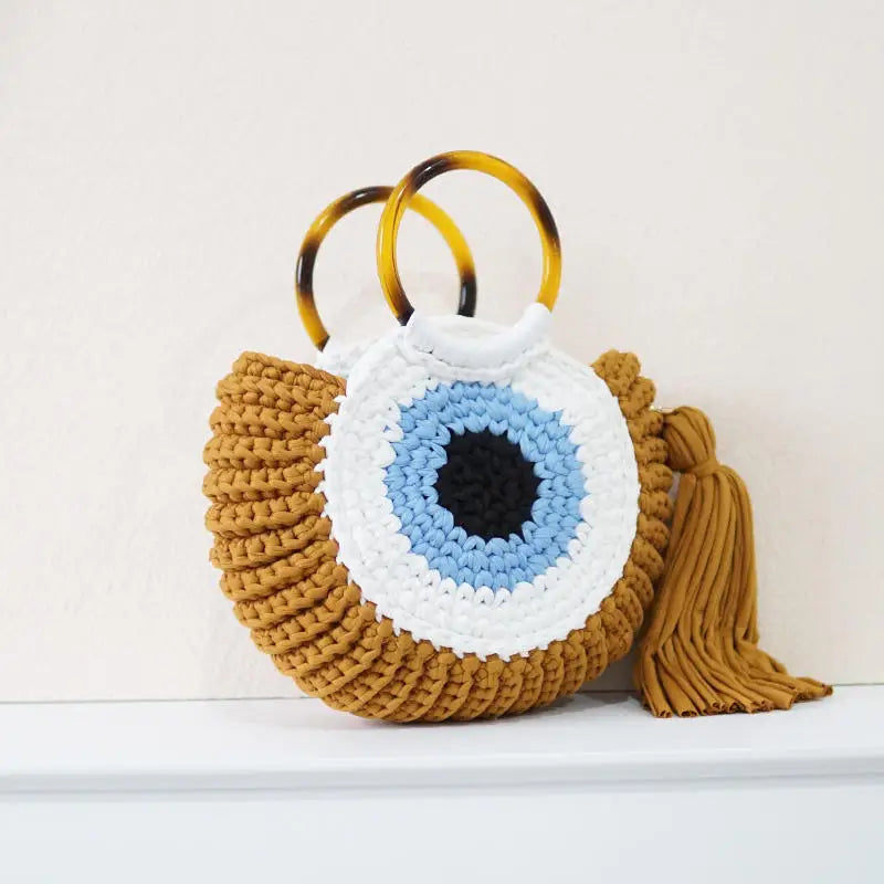 Rope Crochet Handbags Tassel Tote Round Handle Clutch Yarn Beach Bags for Women