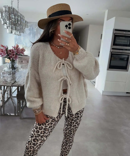 Elegant Knitted Cardigan Sweater Women's Lace up Cardigan