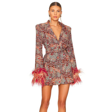 High-end Women's Blazer Dress Cuffs Adorned with Feather Print Dress