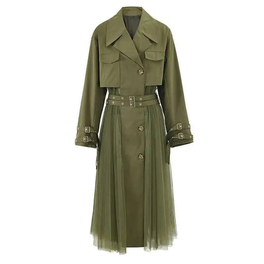 Vintage Gauze Patchwork Windbreaker Women Lapel Double Belt Gathered Trench Coat