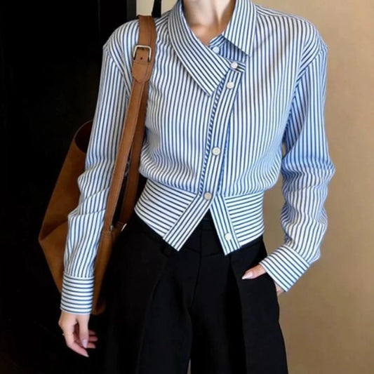 French high-end blue striped shirt women's versatile light luxury shirt