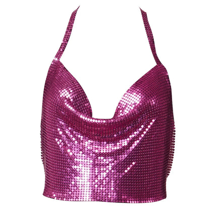 Sexy Sequins Metal Crop Tops Women Suspenders Halter Backless Night Club Tank Top
