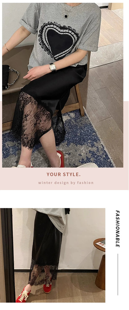 High Quality Lace Splicing Skirt for Women Commute Midi Skirt