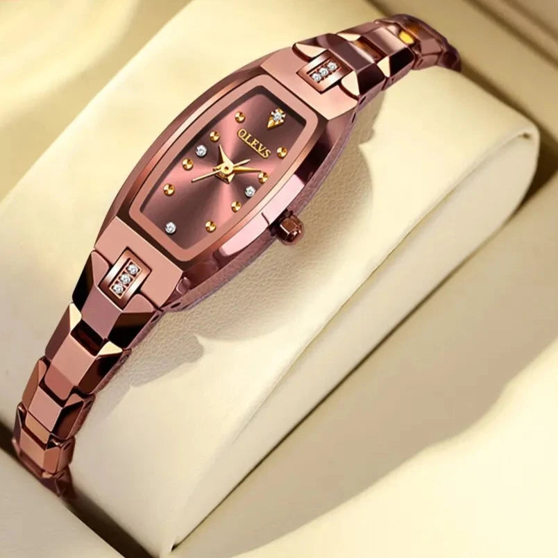 Slim Thin Luxury Tungsten Steel Band Tonneau Design Quartz Ladies Watch