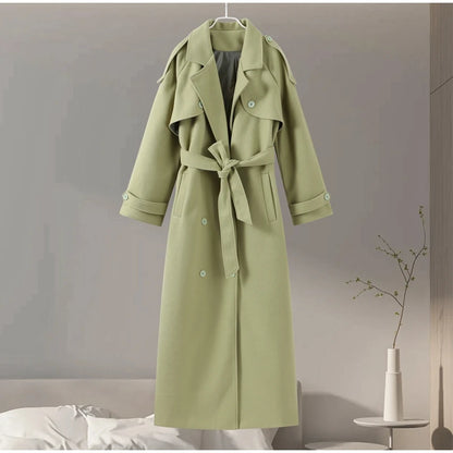 Urban Solid Double Breasted Long Women Coat Loose Full Sleeve Belt Double Breasted Jacket