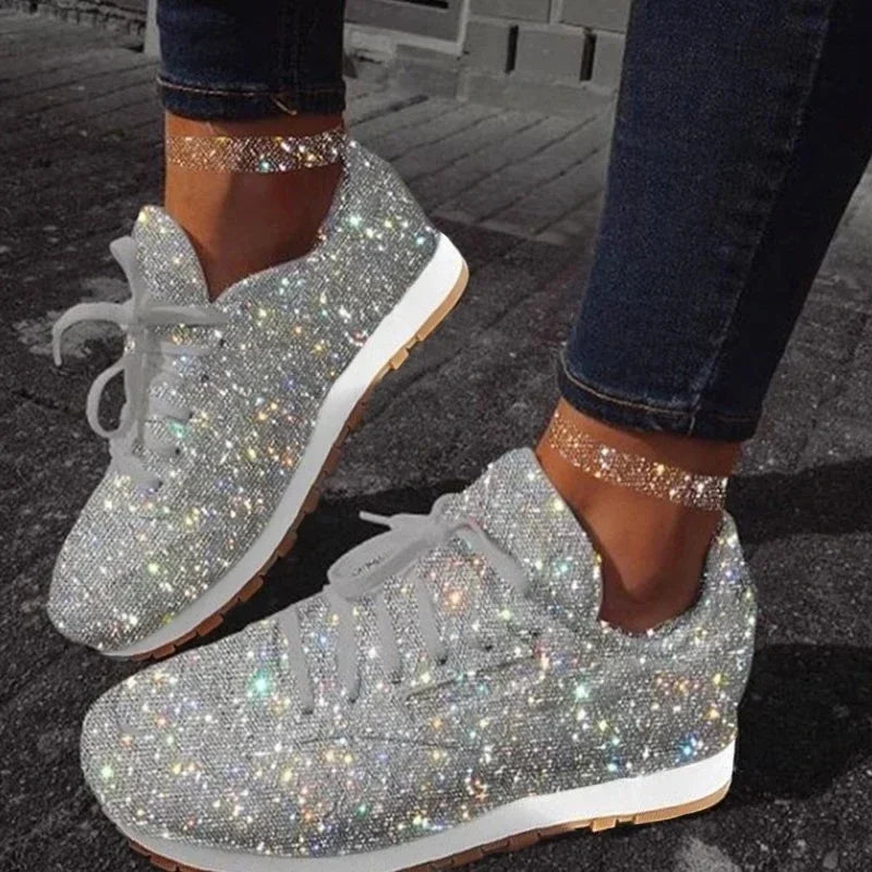 Women Flat Sneakers Casual Bling Vulcanized Shoes Women Mesh Lace Up Shoes