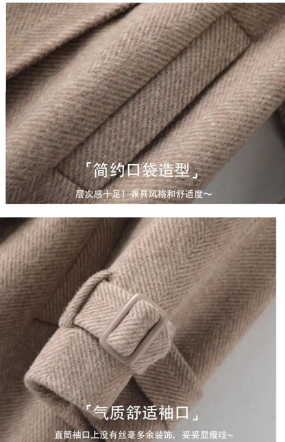 Woolen Coat New British style POLO collar Lace up Double breasted Coat