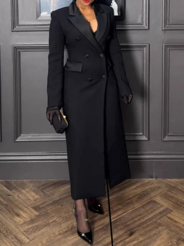 Women Blazer Dress Double Breasted Notched Long Sleeve Maxi Blazer Dress