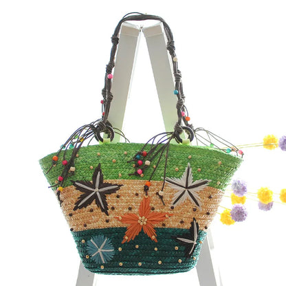 Bohemian Hand Embroidered Starfish Straw Woven Bag Beaded Handbags For Ladies