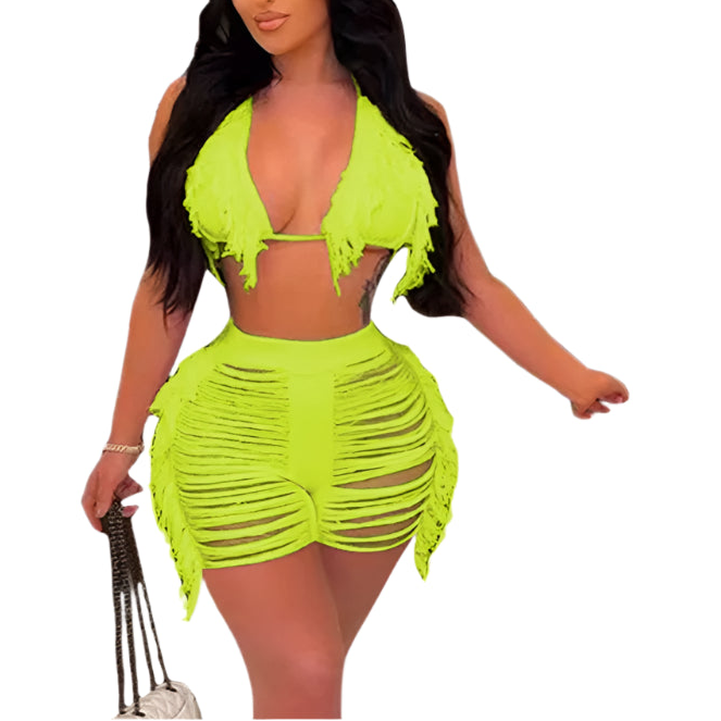 Women Fringe Tassel Bikini Shorts Set Hollow Out Jamaican Crochet Swimwear Summer Beach Knitted Cover Up Swimsuit