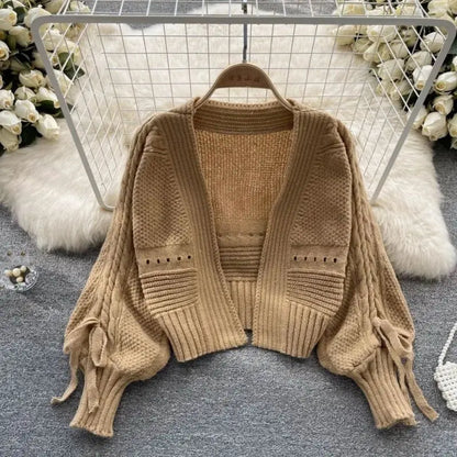 Green Casual Acrylic Knit V-Neck Lantern Long Sleeve Lace Up Women's Cardigan