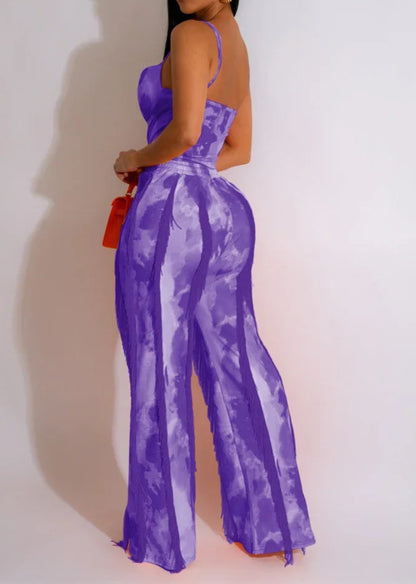 Tie Dye Printing Two Piece Set for Women Pant Sets Birthday Outfits Clubwear Bodysuit Top and Fringe Tassel Pants Matching Sets
